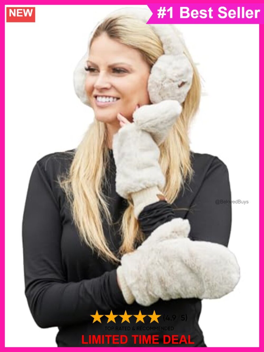 Faux Fur Earmuffs & Convertible Mittens Set Polyester